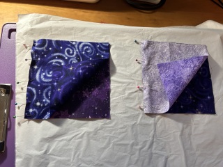 Practice quilt, first squares pinned together